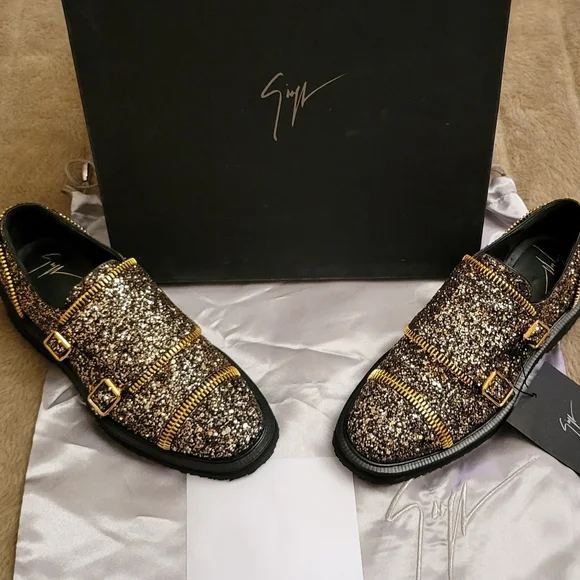 Giuseppe Zanotti Gold Glitter Loafers Giuseppe Zanotti Metallic Gold Coarse Glitter Metal Cap Toe  main image 2